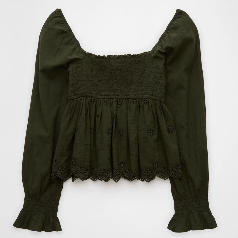 AE 100% Cotton Long-Sleeve Smocked Babydoll Blouse Size S - Picture 2 of 7